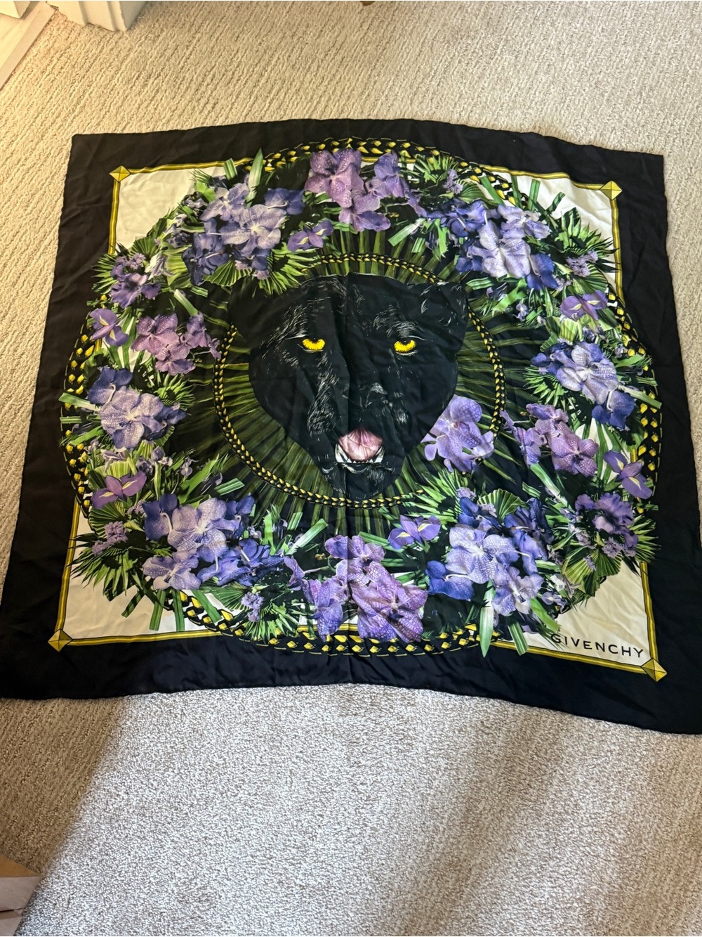 Givenchy Black Panther Floral Silk Scarf with Purple & Green Wreath